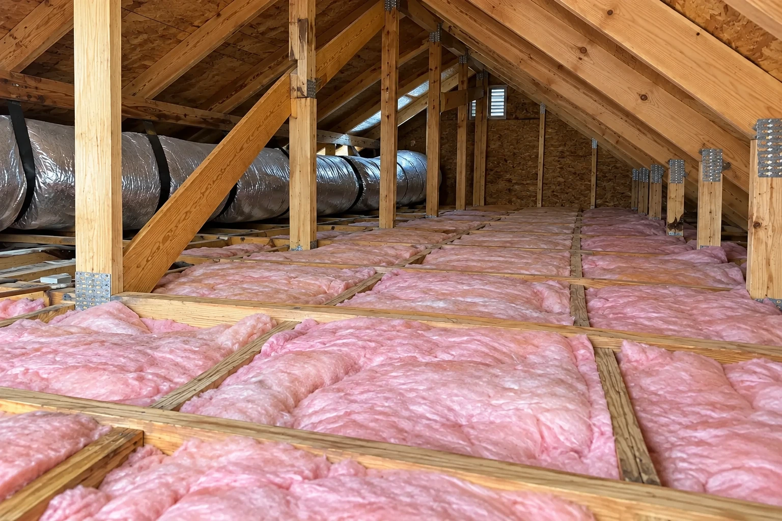 Pink batt insulation lies between attic floor joists beneath exposed roof framing, with a large duct running along one side.