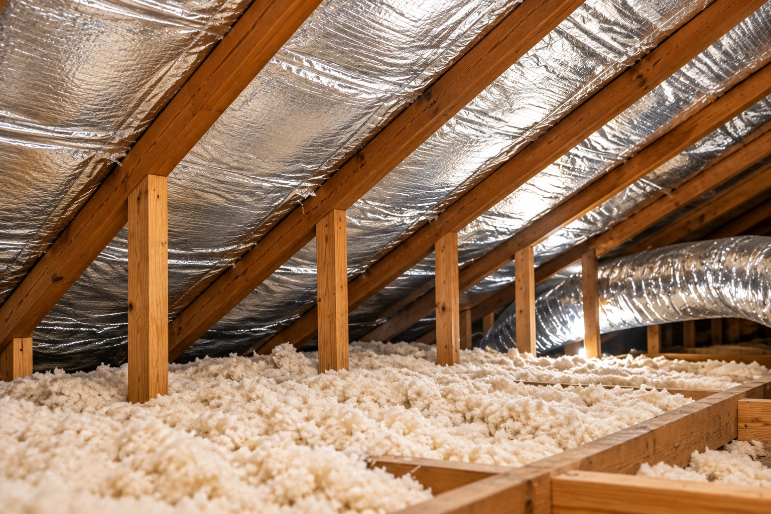Attic rafters are lined with reflective foil, with loose-fill insulation spread across the floor.
