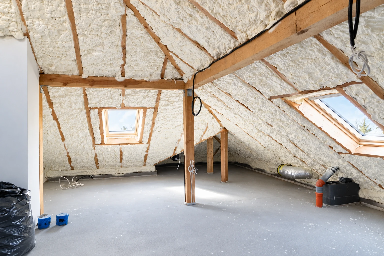 Attic with white spray foam insulation covering the sloped roof, two skylights, and an open concrete floor.
