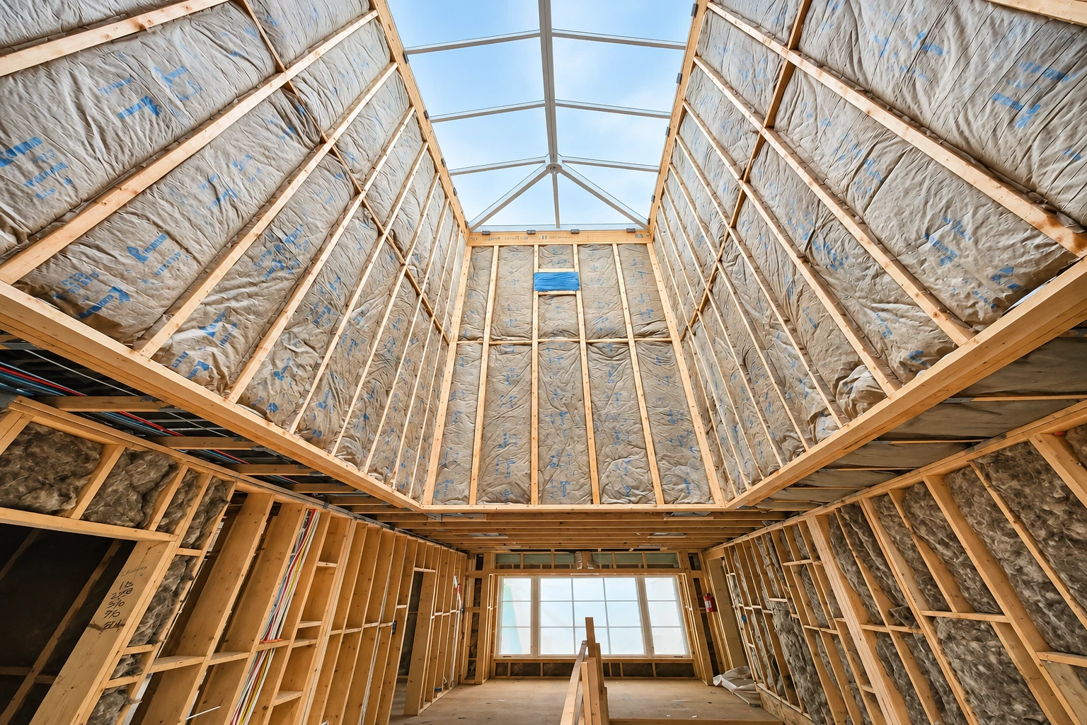 Fiberglass batts line the rafters and walls of a large unfinished attic beneath a peaked roof with a skylight.