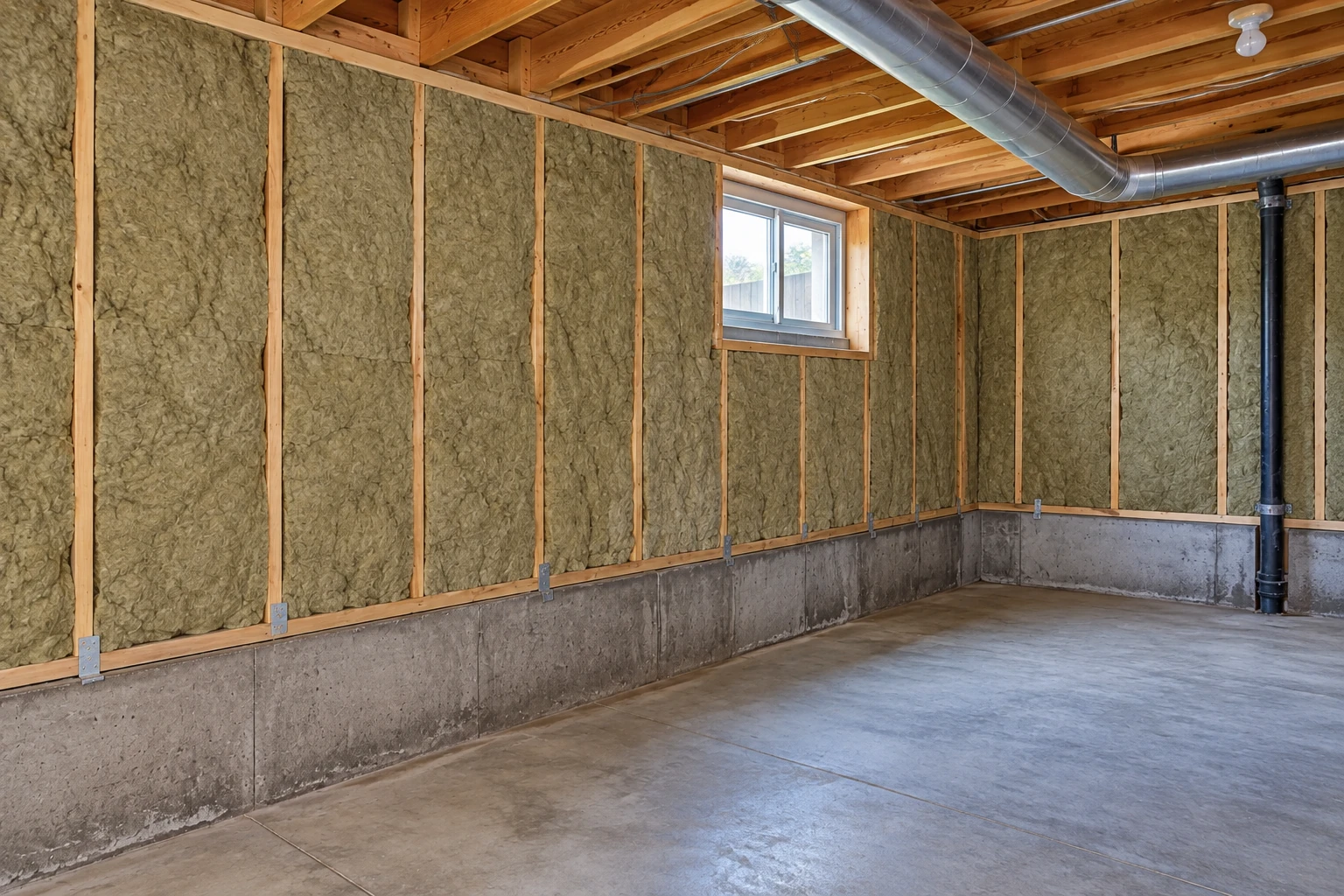 Basement walls have mineral wool insulation between wooden studs above exposed concrete foundation walls.
