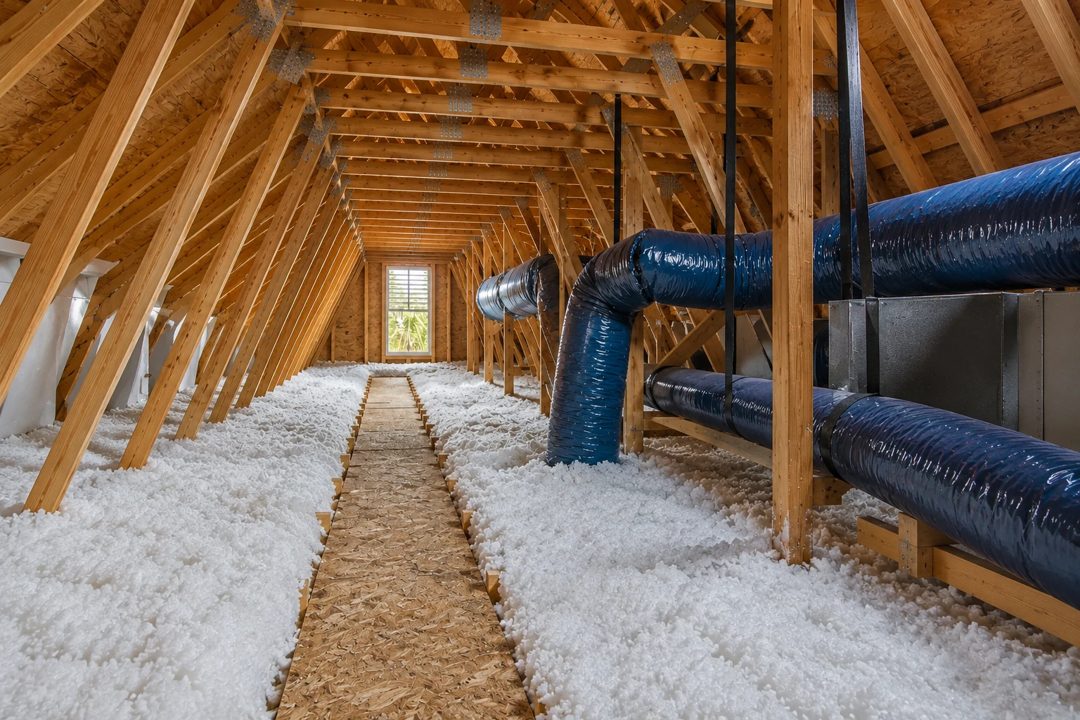Attic with loose white blown-in insulation covering the floor around a narrow walkway and large blue ducts.