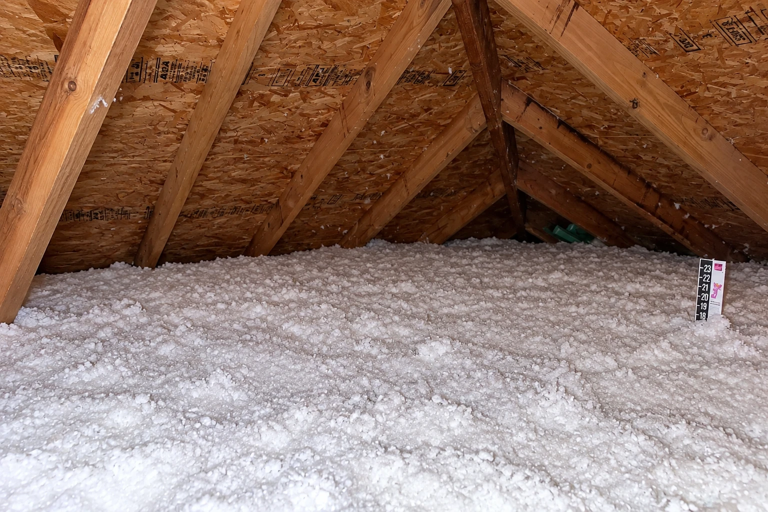 Loose-fill insulation covers an attic floor beneath exposed wooden roof trusses.