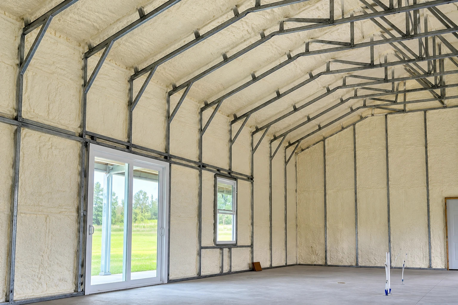 Commercial insulation covers the walls and ceiling of a large metal-framed building with windows and a concrete floor.