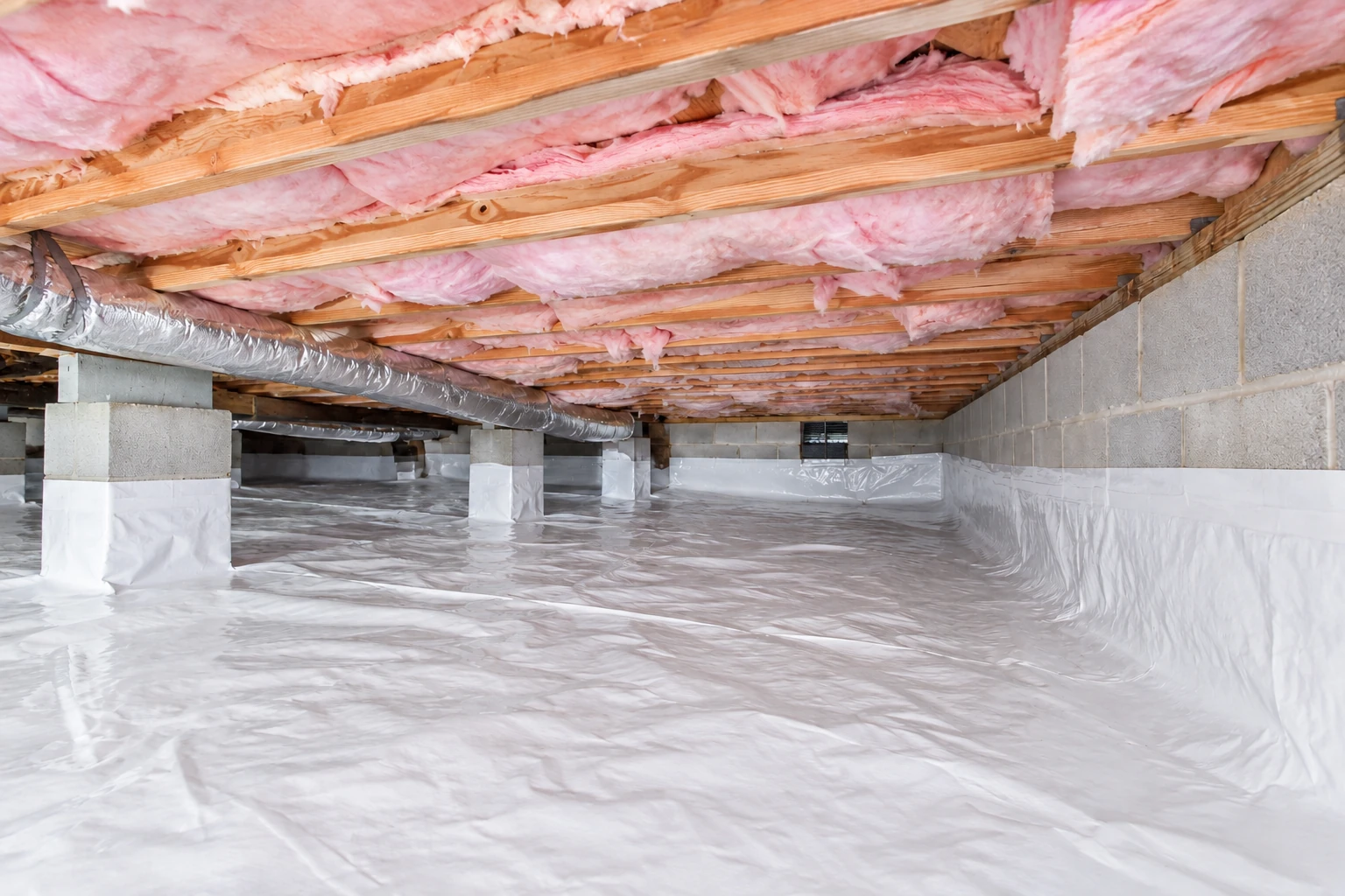 Crawl space with pink insulation between ceiling joists, a silver duct, and white vapor barrier covering the floor.