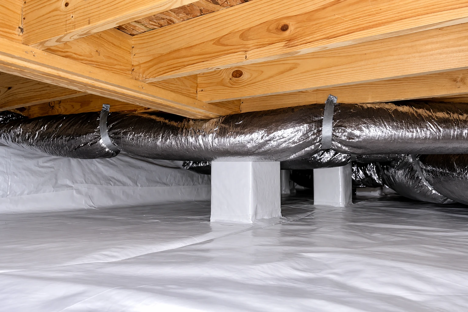White vapor barrier covers the floor and support piers beneath a wood-framed crawl space with a large insulated duct.