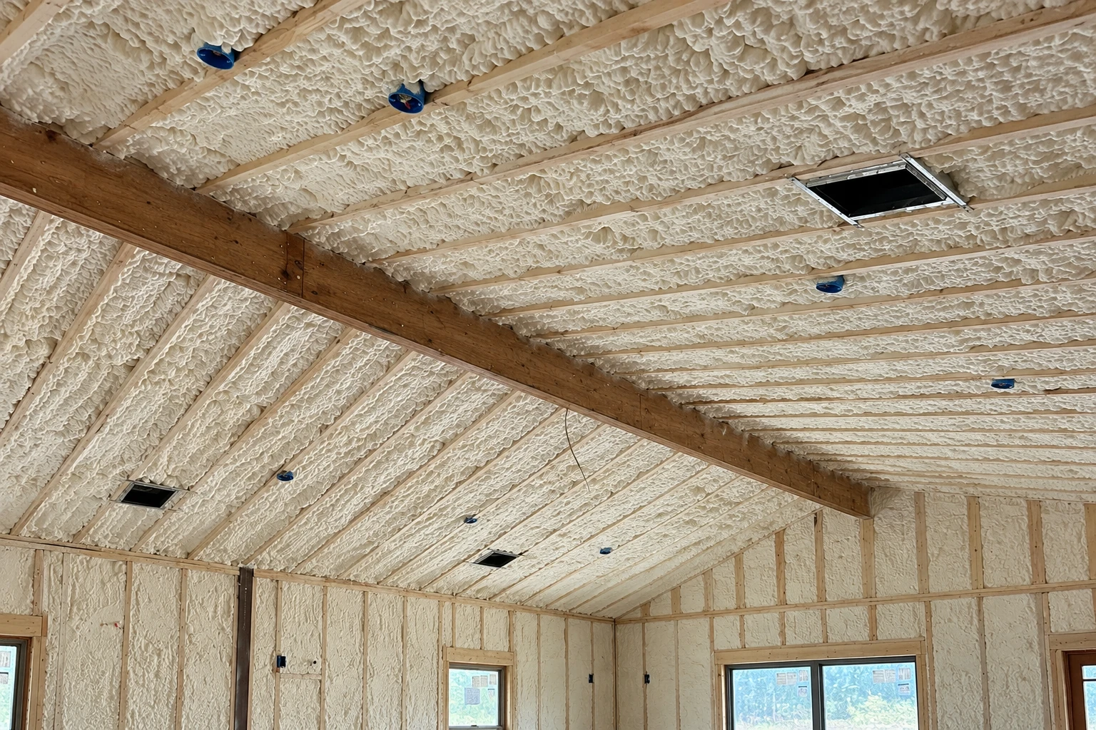 White spray foam covers the ceiling and walls of a framed room, with vents and windows still exposed.