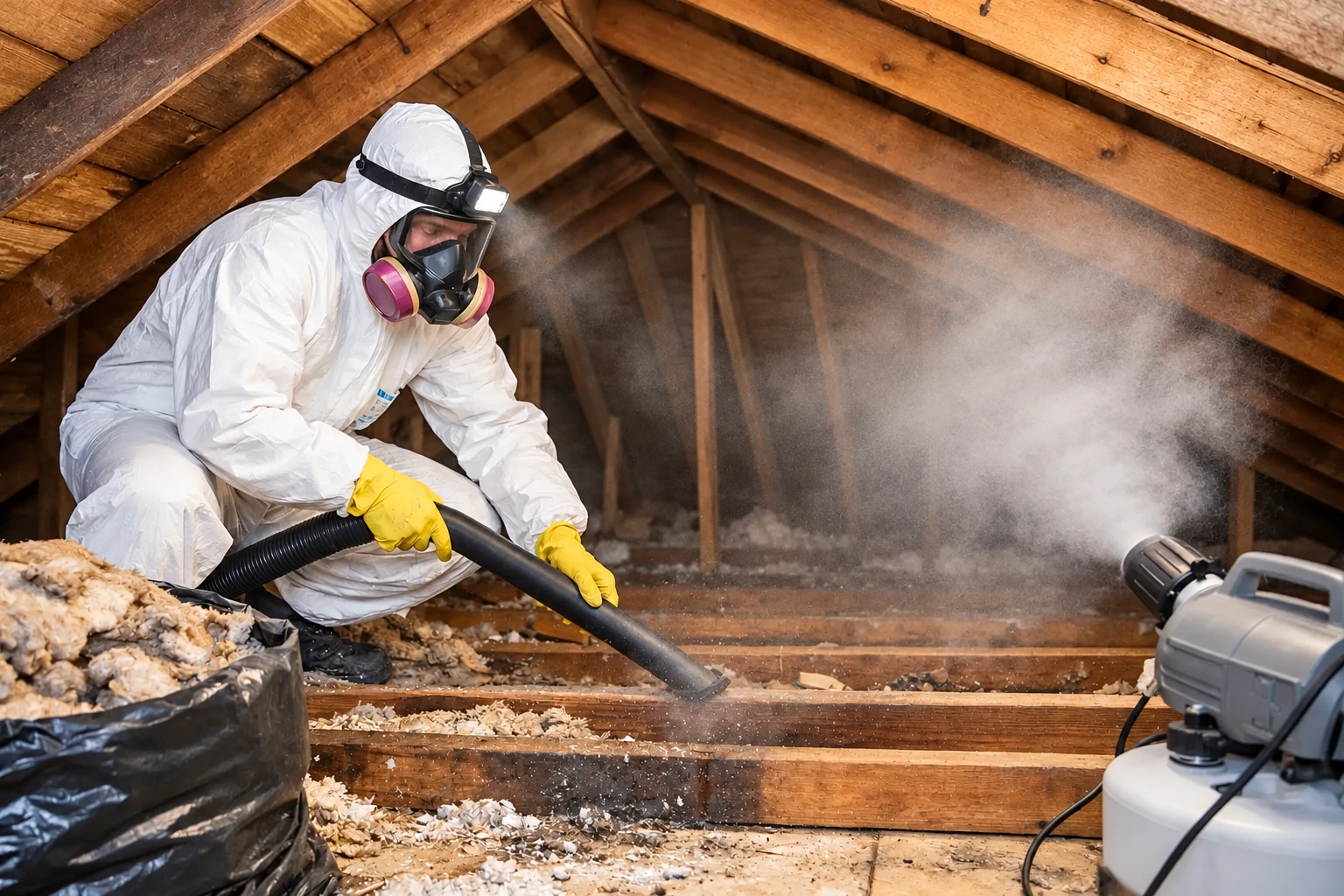 Worker in protective gear uses a hose to remove old attic insulation as dust rises nearby.