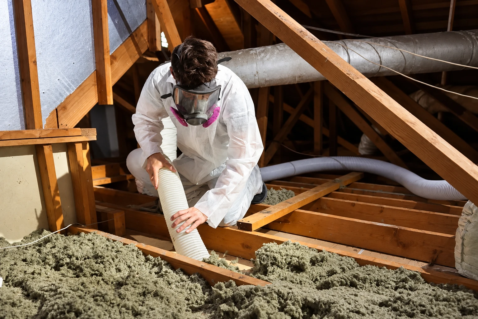 A worker in white protective gear uses a hose to remove loose insulation from an attic between wooden rafters.