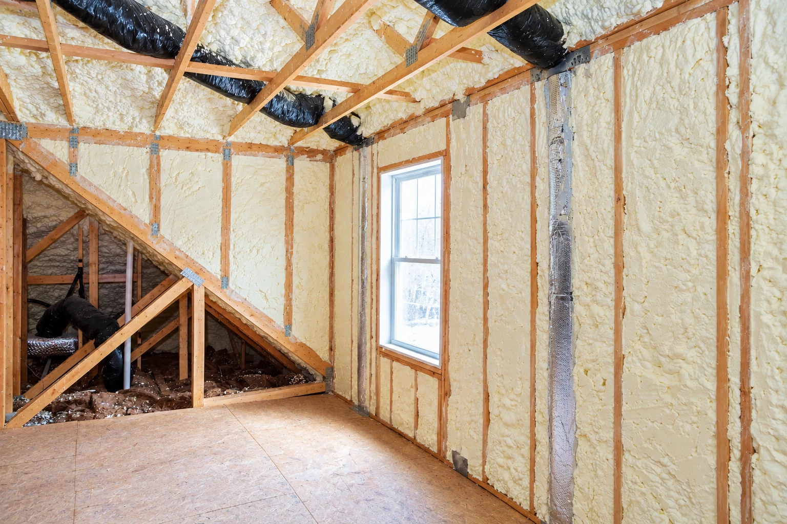 Open-cell spray foam fills the walls and roof framing of an unfinished attic, with a window and exposed ducts.
