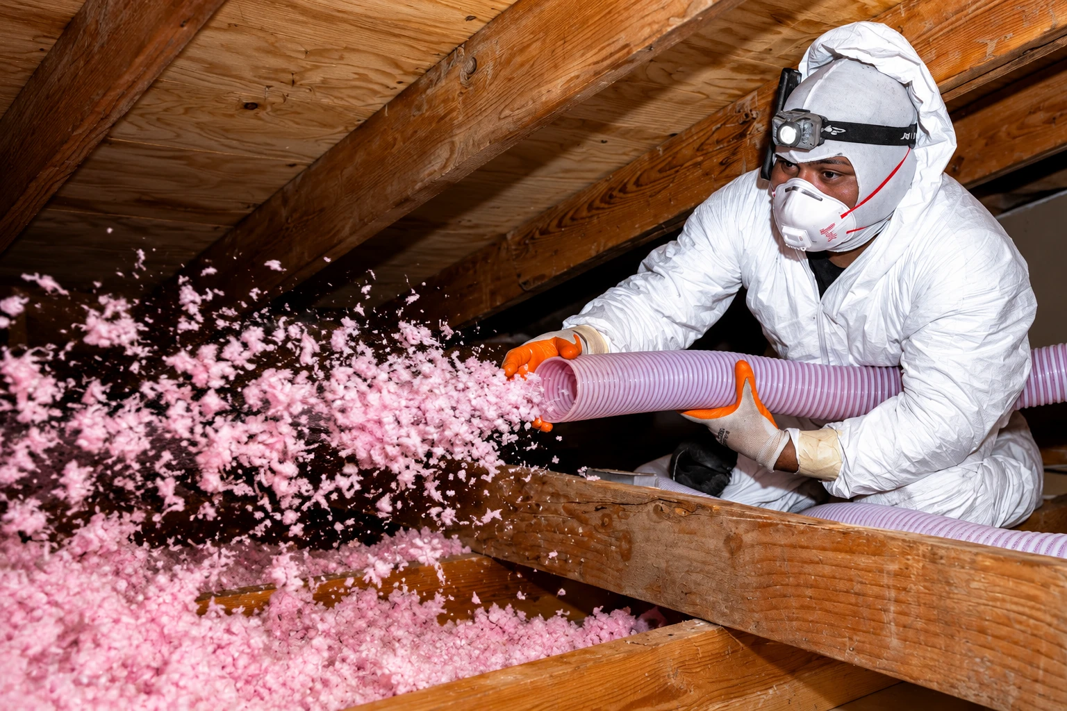 A worker in white protective gear blows pink insulation through a hose into an attic between exposed wooden rafters.