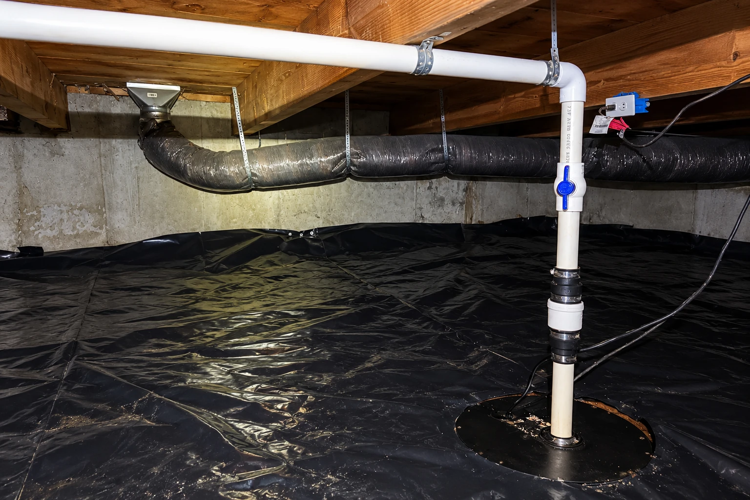Black vapor barrier covers a crawl space floor around a white pipe, beneath wooden joists and exposed ductwork.