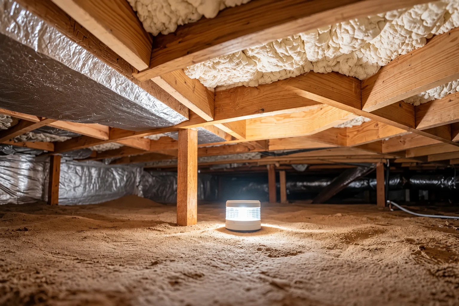 A low crawl space has exposed wooden joists, silver reflective sheeting, foam insulation, and a small work light on the dirt floor.