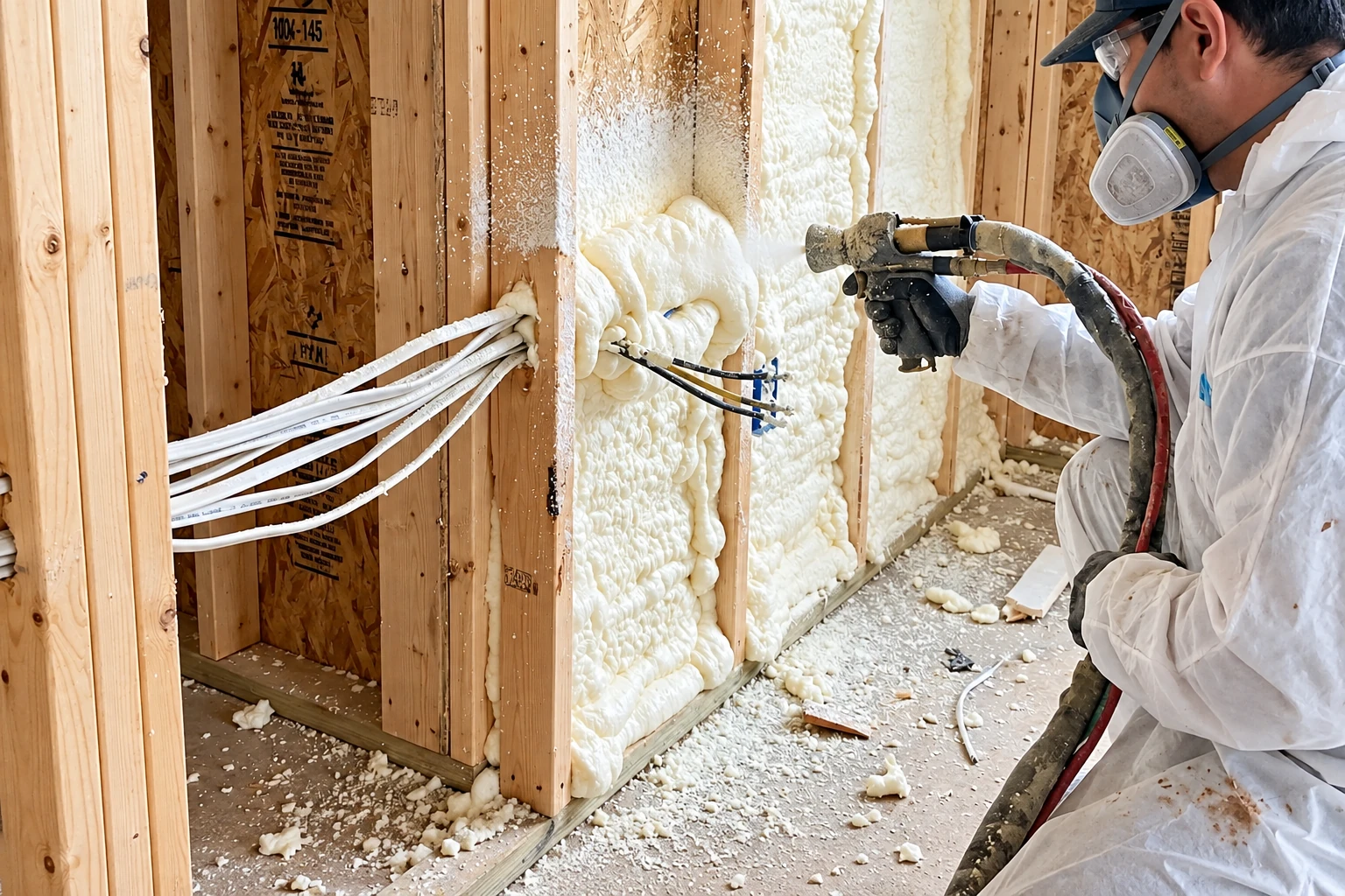 Worker in protective gear sprays foam insulation into the stud bays of an unfinished wall.